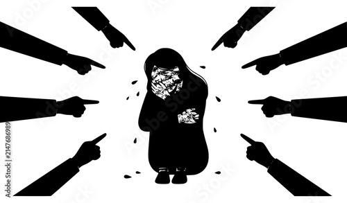 Obraz na plátně Blame and Judgment Concept Illustration with Sad Person Surrounded by Pointing F