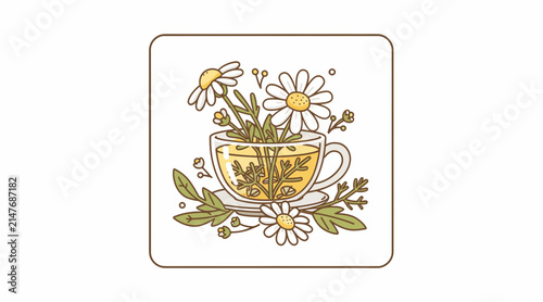 Herbal Tea Cup with Chamomile Flowers, Relaxing Beverage Illustration