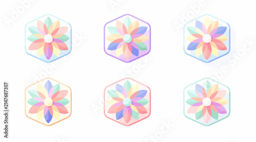 Hexagonal Flower Icons Pastel Rainbow Colors
