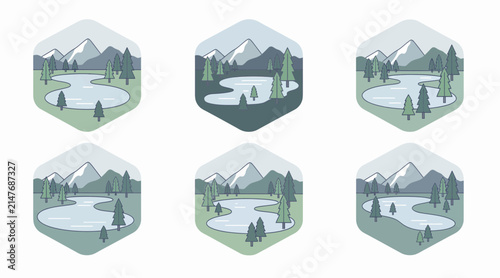 Hexagonal Landscape Badges: Mountains, Lake, Trees, Nature Icons