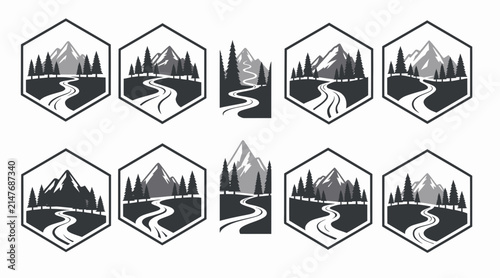 hexagonal mountain road icons