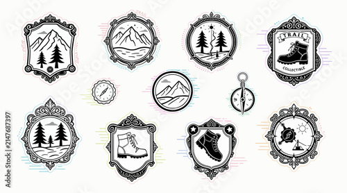 hiking badges with mountains and trees