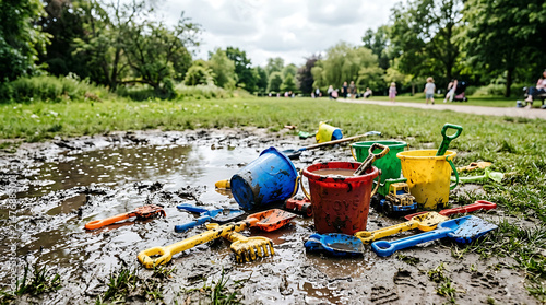 Children's beach toys scattered near a muddy puddle in a park on a sunny day