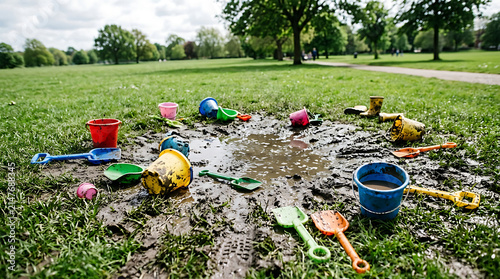 Children's Colorful Buckets and Spades Scattered in a Muddy Puddle on a Sunny Park Lawn