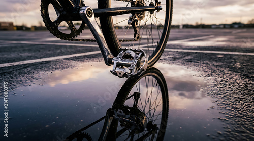 Close-up of a bicycle pedal and wheel reflecting in a wet puddle on an asphalt surface during sunset.