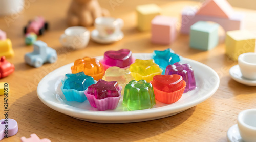 Collection of Miniature Heart and Star Shaped Colorful Jellies on a White Platter