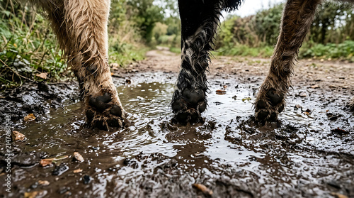 Dirty dog paws splashing through a muddy puddle on an outdoor path