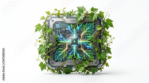 Green technology concept with computer microchip overgrown with fresh ivy leaves and glowing circuit
