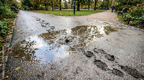 Footprints left in a muddy puddle on a park path after rain, with reflections visible.