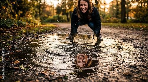 Joyful woman laughing and splashing in autumn puddle reflection