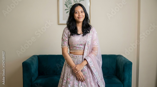 Young Indian woman wearing an ornate pink sequined lehenga and dupatta, posing indoors