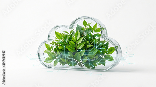 Green cloud computing concept with transparent glass cloud shape filled with fresh leaves