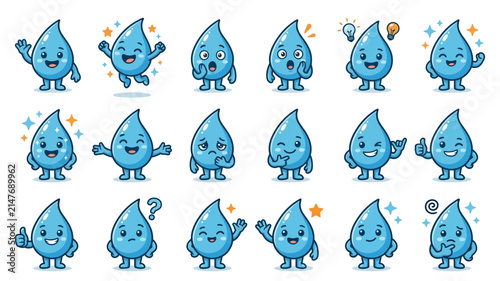 Collection of Cute Water Drop Characters Expressing Various Emotions, Ideas and Daily Actions