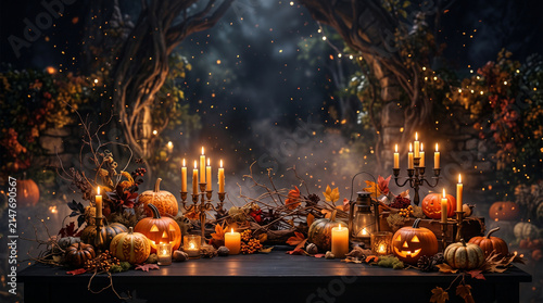 Spooky Halloween table setting with glowing carved pumpkins, vintage candles and autumn leaves