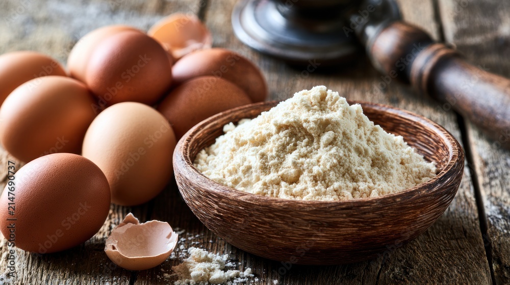 Fototapeta premium Pile of almond flour in wooden bowl with brown eggs and shells on rustic table