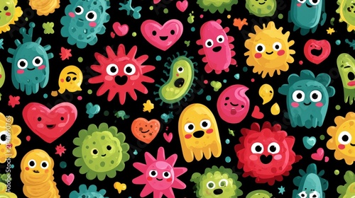 Cute cartoon microbes and bacteria with smiling faces on transparent background