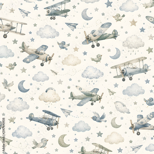 Cute watercolor seamless nursery background pastel baby boy pattern scrapbook paper cute airplane design