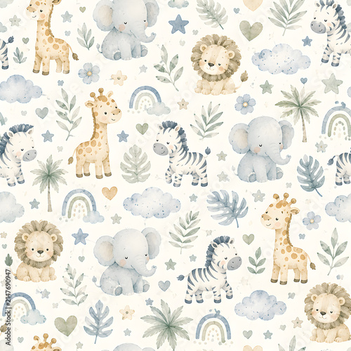Cute watercolor seamless nursery background pastel baby boy pattern scrapbook paper cute zoo animals lion design
