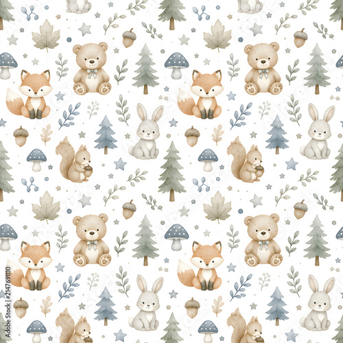 Cute watercolor seamless nursery background pastel baby boy pattern scrapbook paper cute animals bear raccoon design