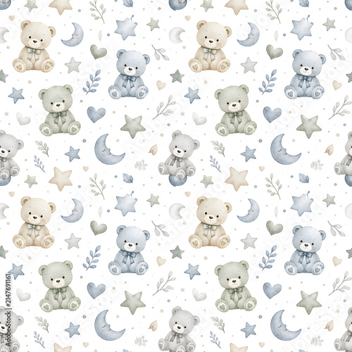 Cute watercolor seamless nursery background pastel baby boy pattern scrapbook paper cute animals bear design