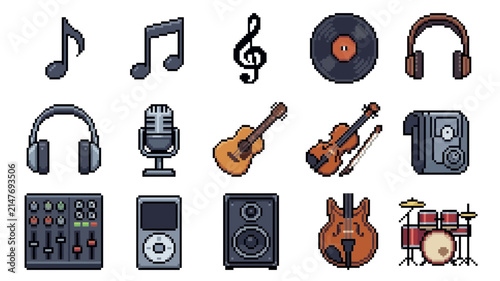 Set of pixel art music icons featuring instruments, audio equipment, and notes on white background