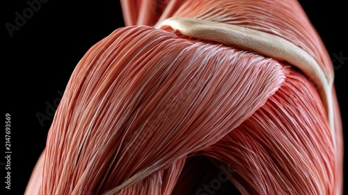 Detailed close up of human shoulder muscles and tendons on transparent background