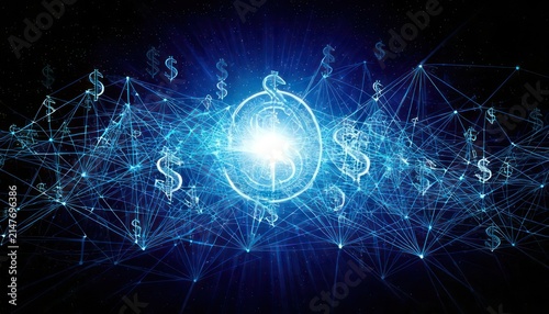 Digital network with glowing dollar symbols.