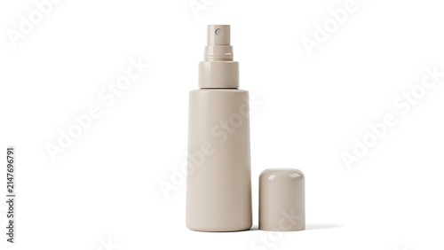 Beige cosmetic spray bottle with cap for skincare product packaging mockup and beauty brand design