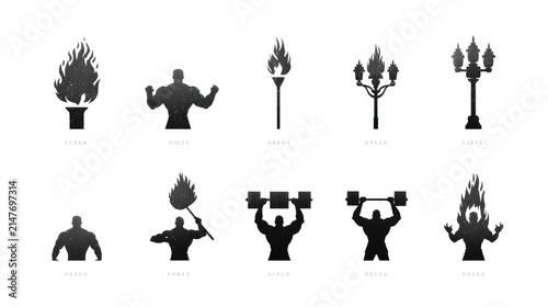Set of black silhouette icons featuring strongmen and flaming torches