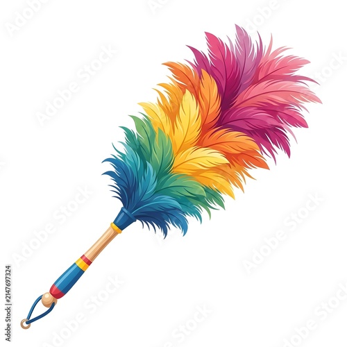 Vibrant multicolor feather duster for cleaning and decor. Bright rainbow plumes on wooden handle for home and office use.