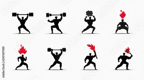 Set of black silhouette icons featuring strongmen and fire performers