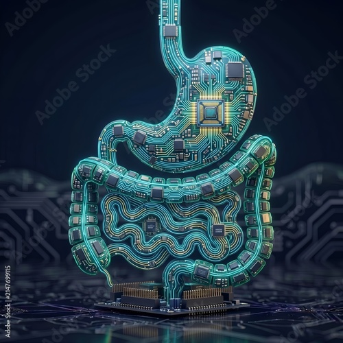 Digital human intestine with circuit board technology and glowing blue lines