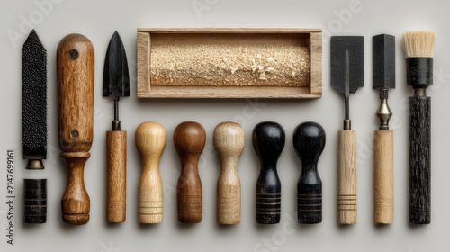 Black woodworking chisel and hand plane with wood shavings