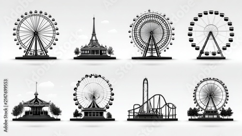 Set of black silhouette icons of amusement park rides and ferris wheels