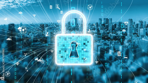 Cuadro en lienzo A digital lock over an urban skyline emphasizes the importance of cyber security in the modern world