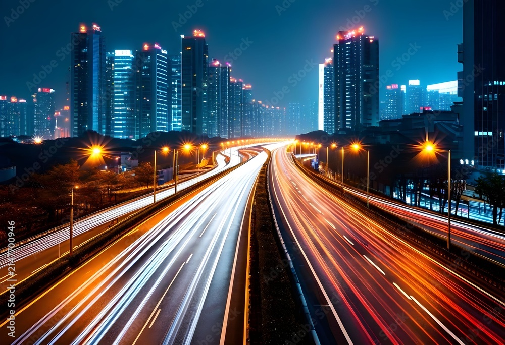 Fototapeta premium Urban nighttime highway with vibrant city lights and dynamic traffic blur effect