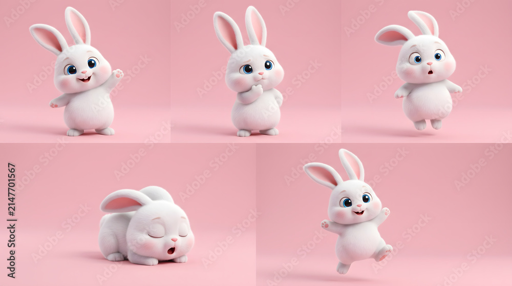 Obraz premium Cute 3D White Rabbit Character Poses on Pink Background