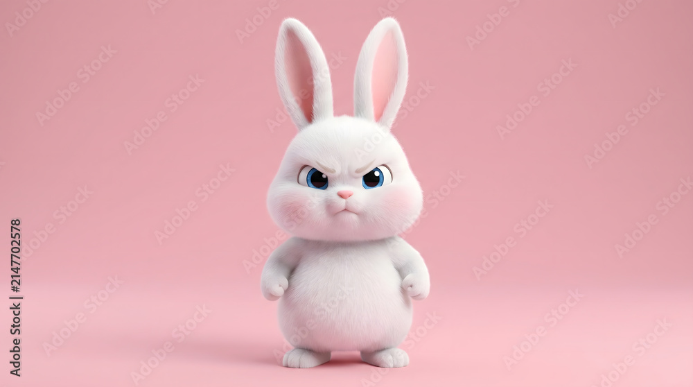 Fototapeta premium Cute Grumpy White 3D Cartoon Rabbit on Pink Background