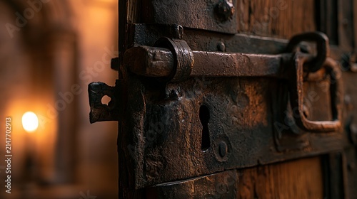 Close up of an old weathered wooden door with a rusty metal bolt and latch.
