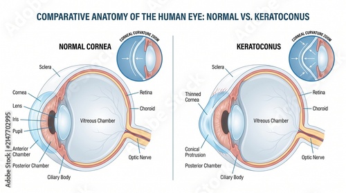 Comparative anatomy of normal human cornea versus keratoconus eye condition