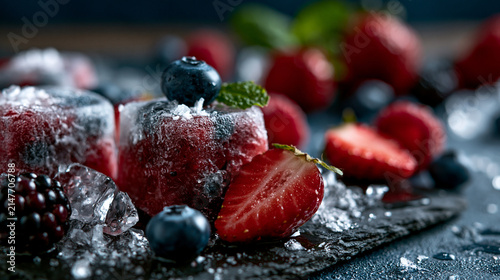 Fresh berries and fruit pieces frozen in ice for summer drinks with strawberry