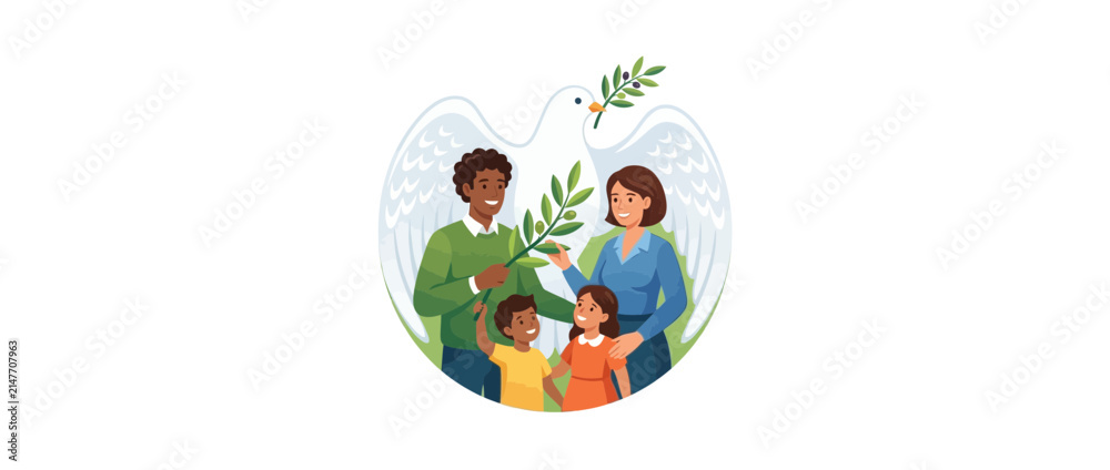 Naklejka premium Diverse Family Embraces Peace Symbol of Dove and Olive Branch