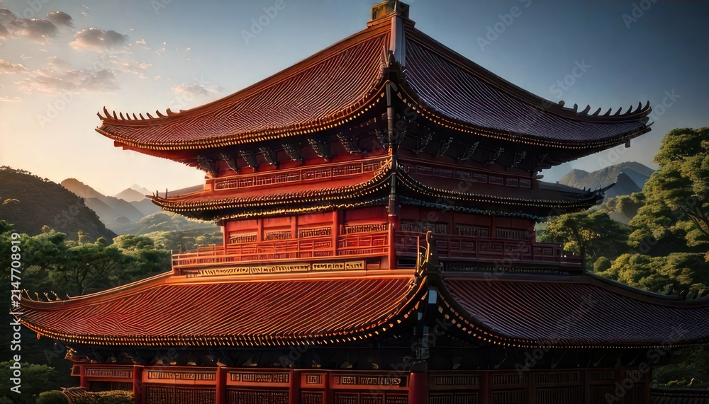 Obraz premium Traditional Asian Pagoda Temple Architecture Landscape.