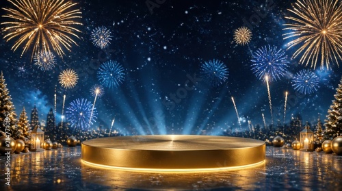 Golden Ceremony Platform with Fireworks in Night Celebration Scene