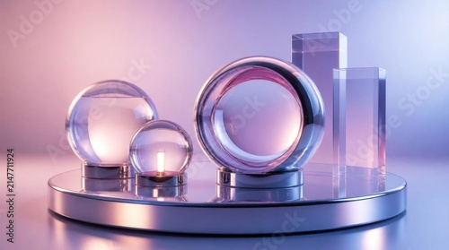 Shiny Crystal Spheres and Tall Prisms on Reflective Round Platform