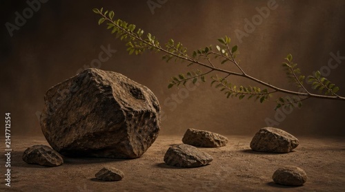 Rugged Rocks and Delicate Branch on Earthen Surface