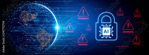 Obraz na płótnie Visual representation of AI security integrating a global network and warning symbols, highlighting challenges in protecting data against cyber threats in the digital landscape