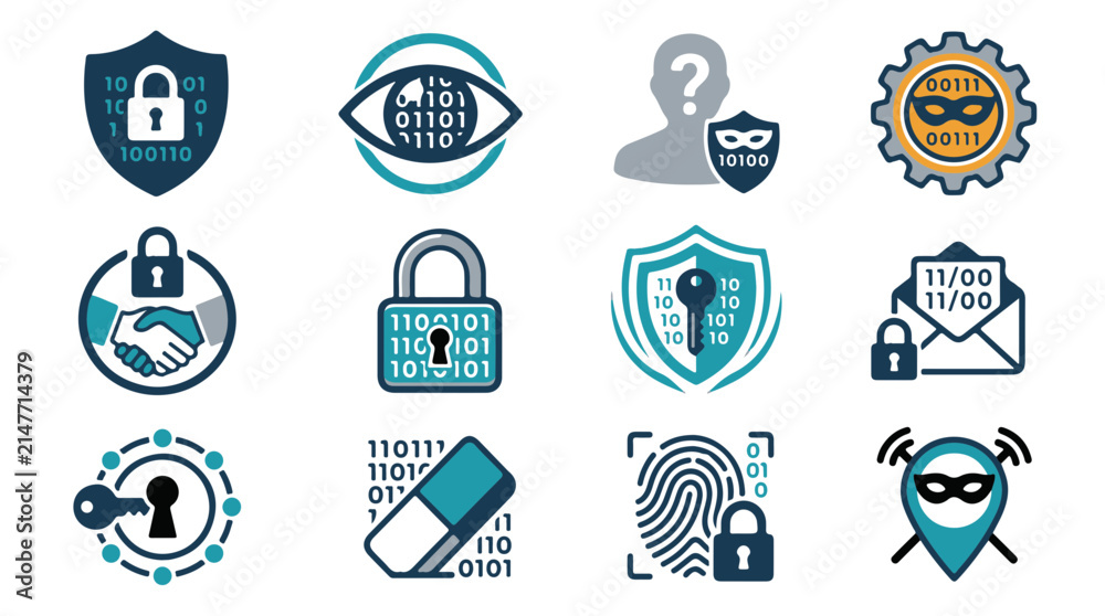 Fototapeta premium Data Privacy and Cybersecurity Flat Vector Icon Set Featuring Digital Protection Symbols