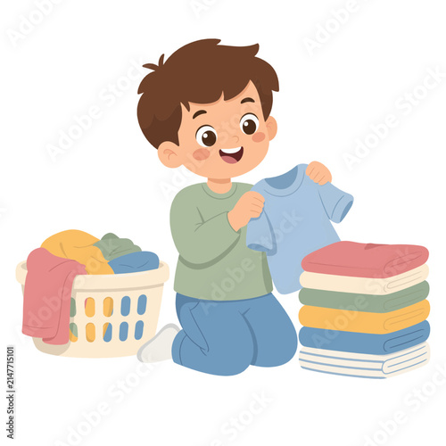 Cute little boy folding neat clothes near laundry basket vector illustration of kids helping with housework and chores routine