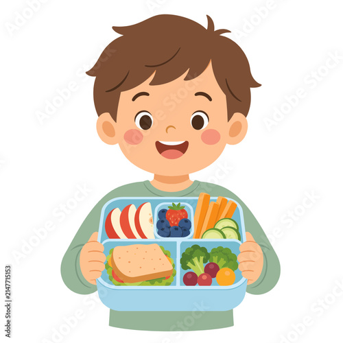 Happy young boy holding a healthy bento lunch box filled with fresh vegetables and fruits cute cartoon vector illustration of childhood nutrition balanced meal and healthy eating habits